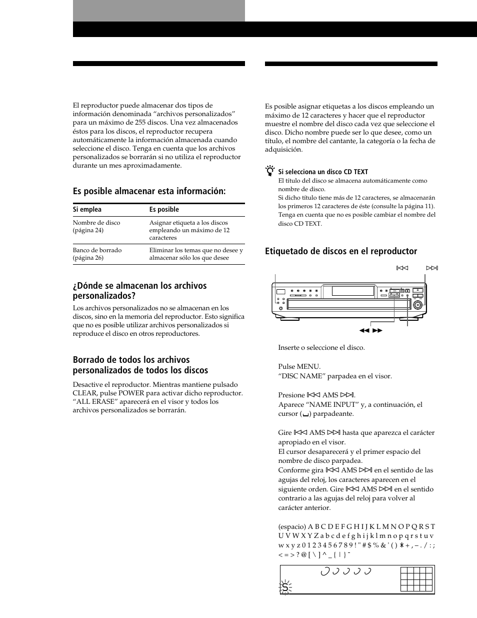 Funciones de los archivos personalizados, Etiquetado de discos (nombre de disco), Es posible almacenar esta información | Dónde se almacenan los archivos personalizados, Etiquetado de discos en el reproductor 1 | Sony CDP-CE545 User Manual | Page 80 / 88