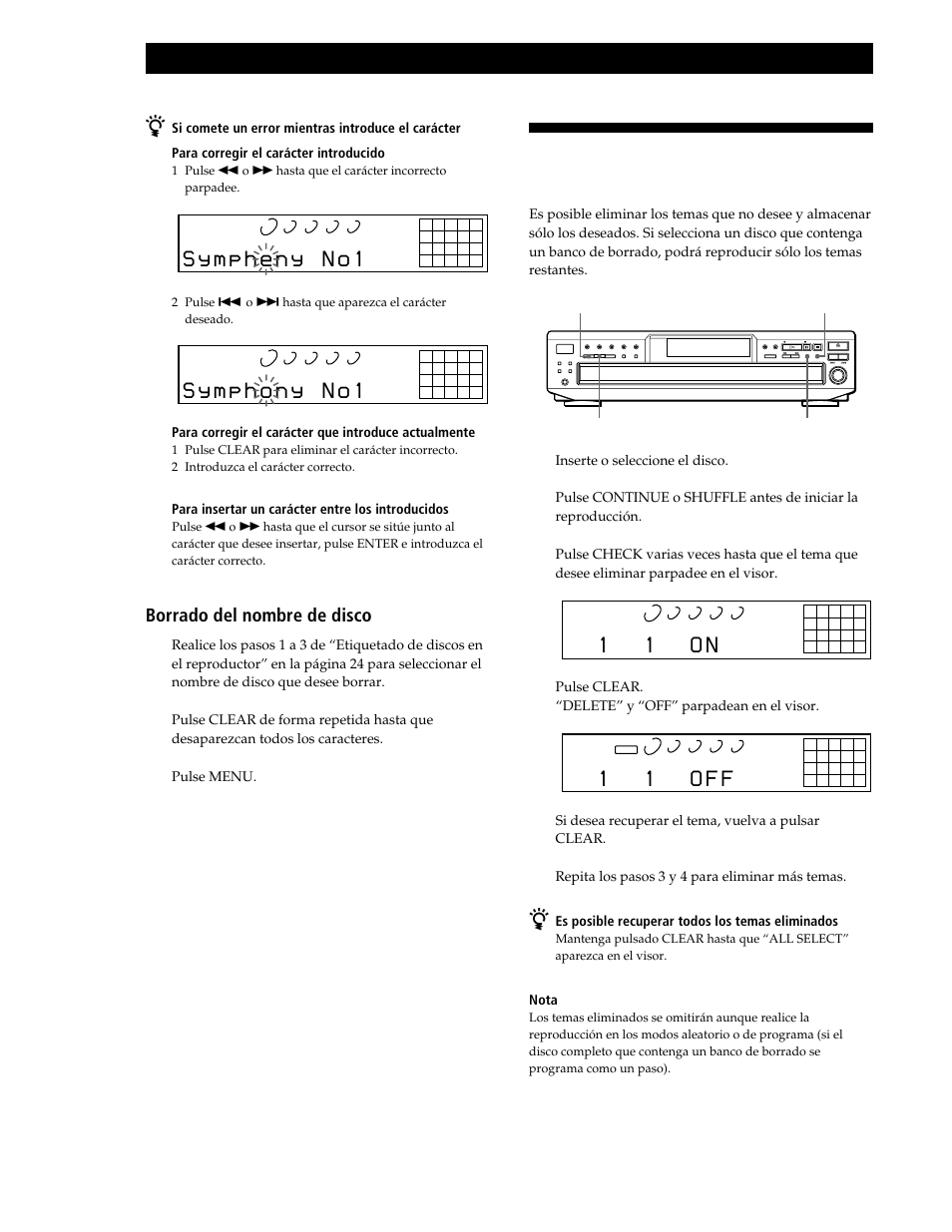 1 1 o n, 1 1 o f f, Borrado del nombre de disco 1 | Sony CDP-CE545 User Manual | Page 82 / 88