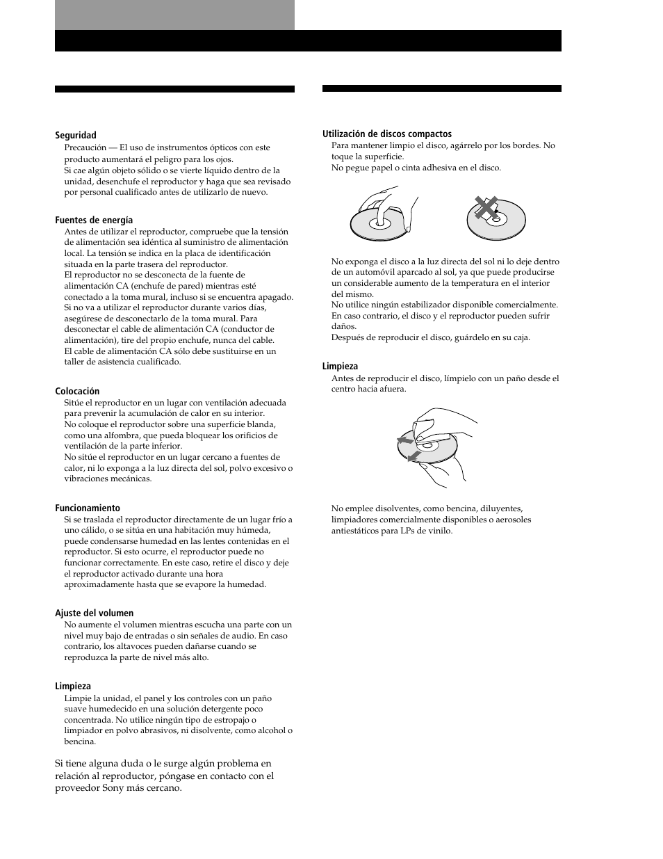 Notas sobre discos compactos, Precauciones, Información adicional | Sony CDP-CE545 User Manual | Page 83 / 88