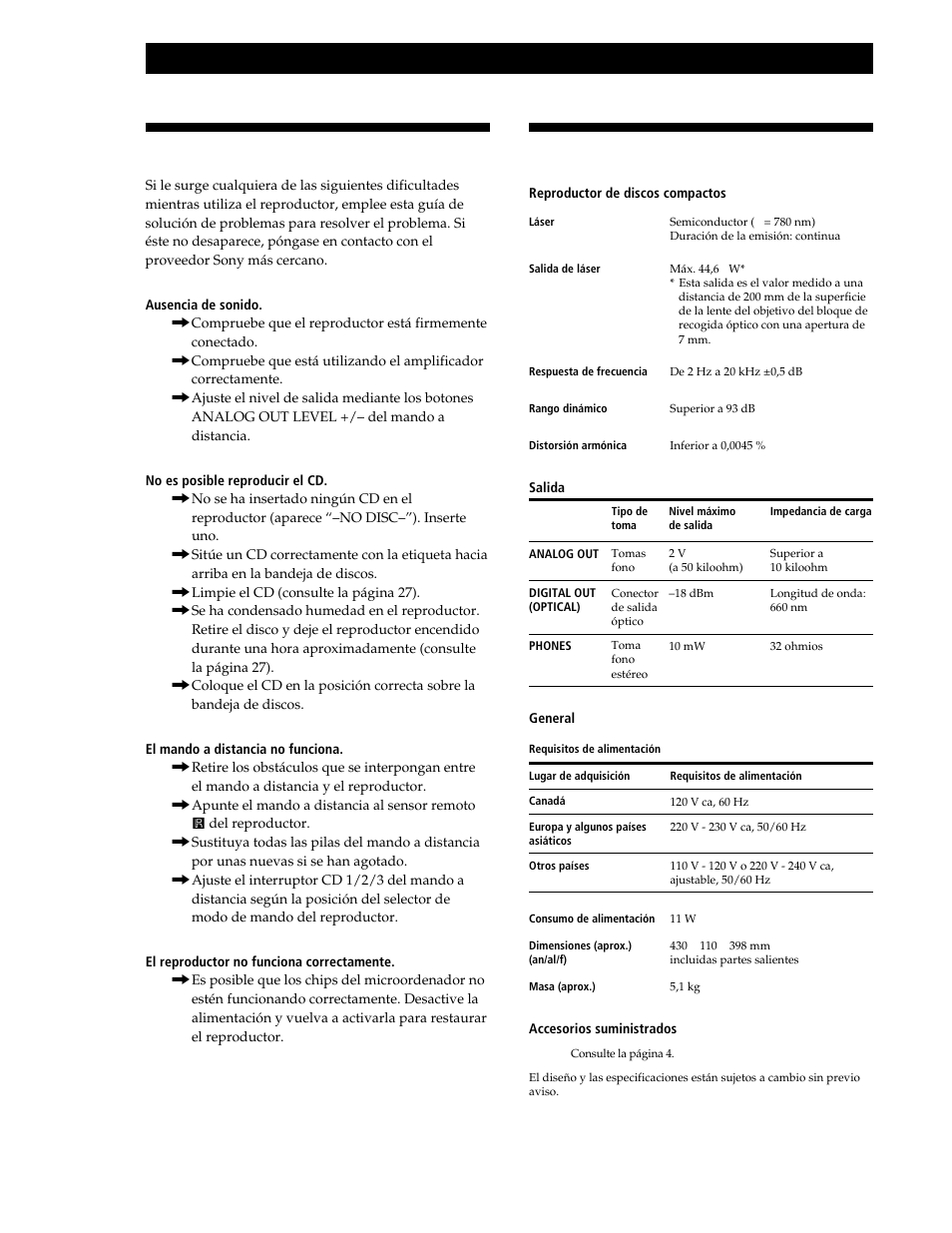 Solución de problemas, Especificaciones, Información adicional | Sony CDP-CE545 User Manual | Page 84 / 88