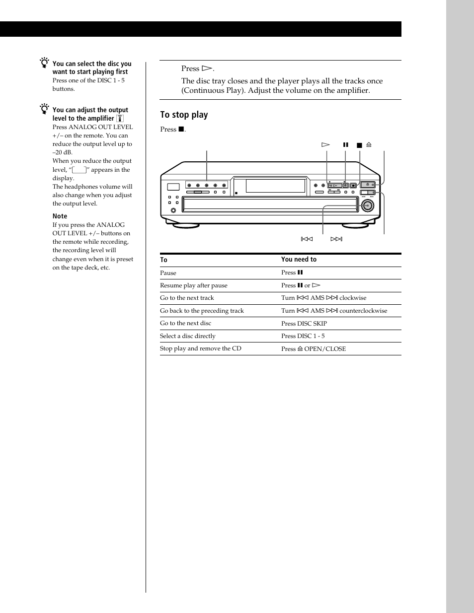 Basic operations, You can adjust the output level to the amplifier z, Press x. to | You need to | Sony CDP-CE545 User Manual | Page 9 / 88