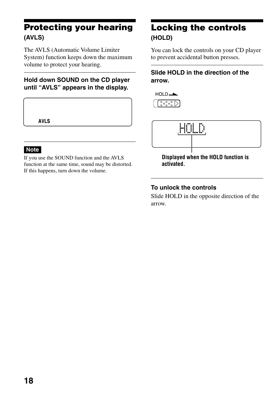 Protecting your hearing (avls), Locking the controls (hold), 18 locking the controls | Protecting your hearing | Sony D-CJ501 User Manual | Page 18 / 32