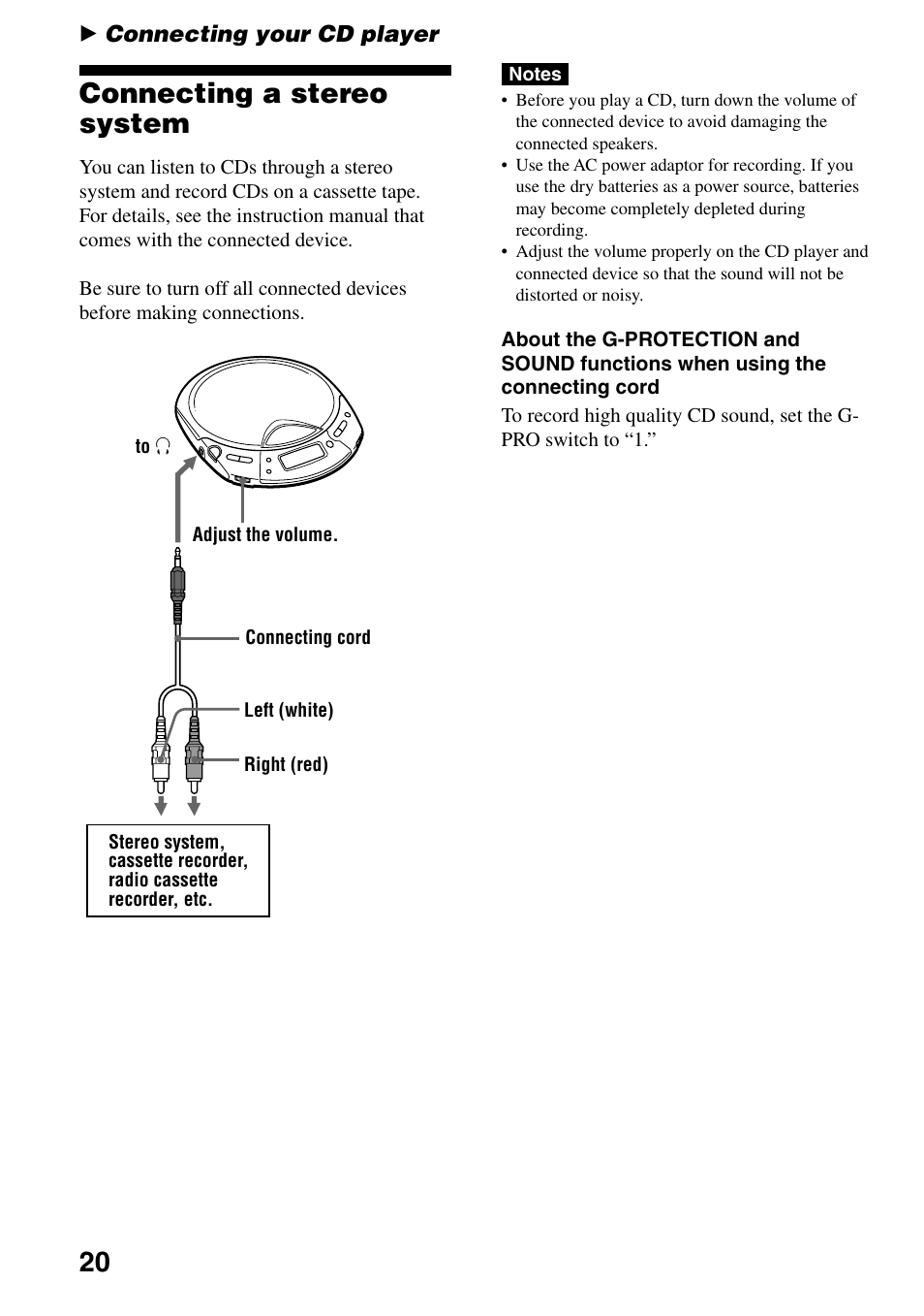 Connecting your cd player, Connecting a stereo system, 20 connecting a stereo system | Sony D-CJ501 User Manual | Page 20 / 32