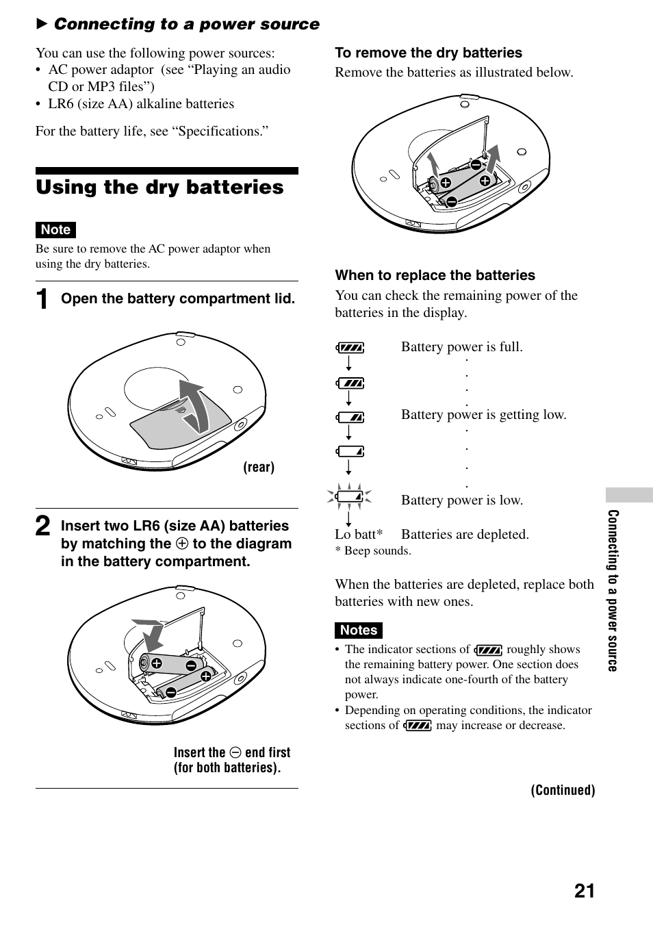 Connecting to a power source, Using the dry batteries | Sony D-CJ501 User Manual | Page 21 / 32