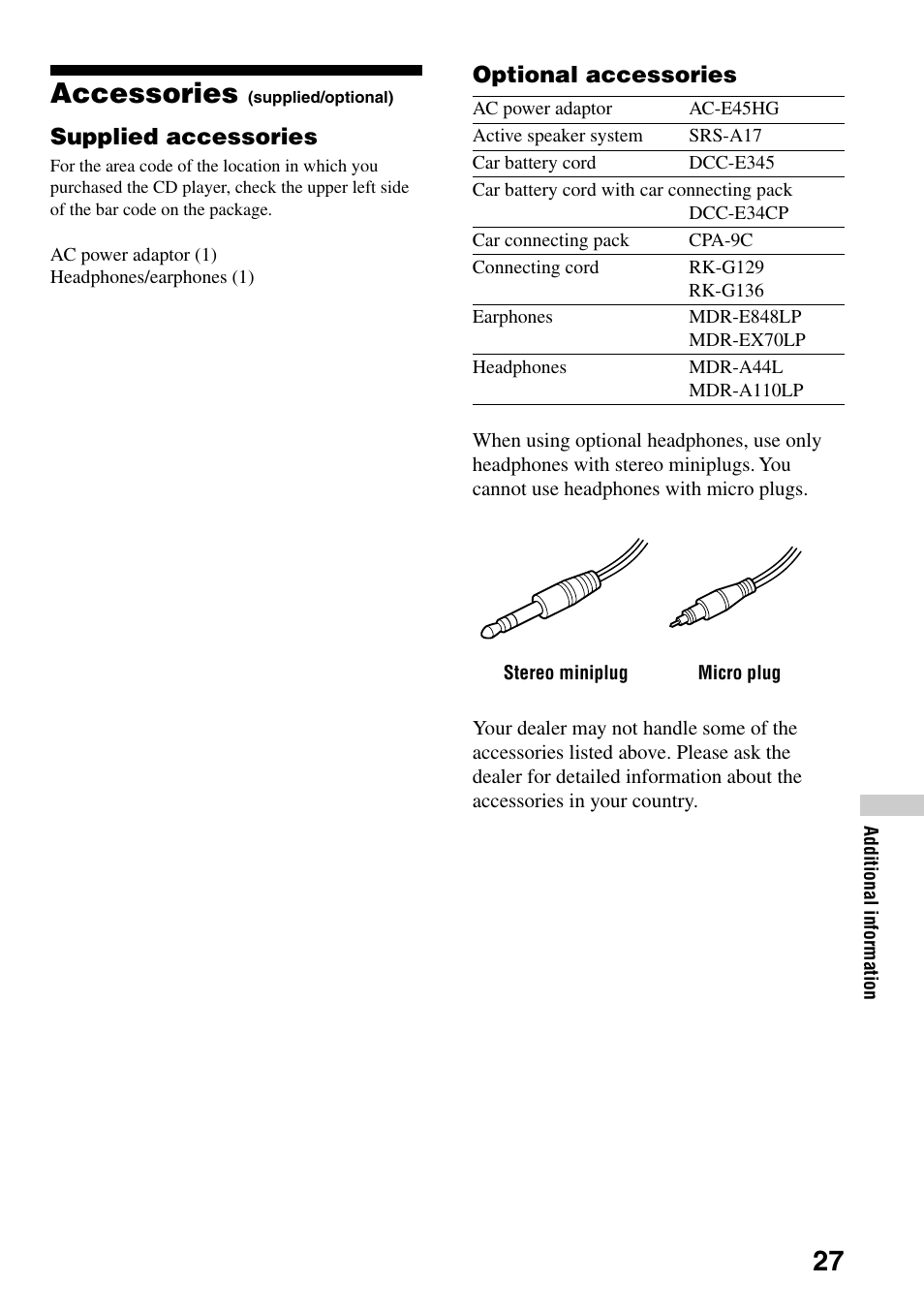 Accessories (supplied/optional), Accessories | Sony D-CJ501 User Manual | Page 27 / 32