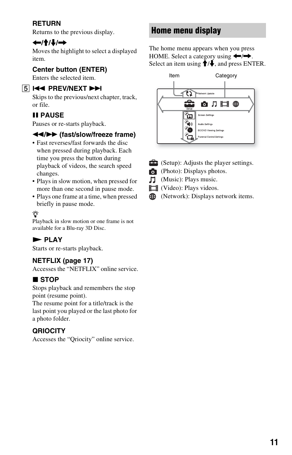 Home menu display | Sony BDP-S780 User Manual | Page 11 / 44