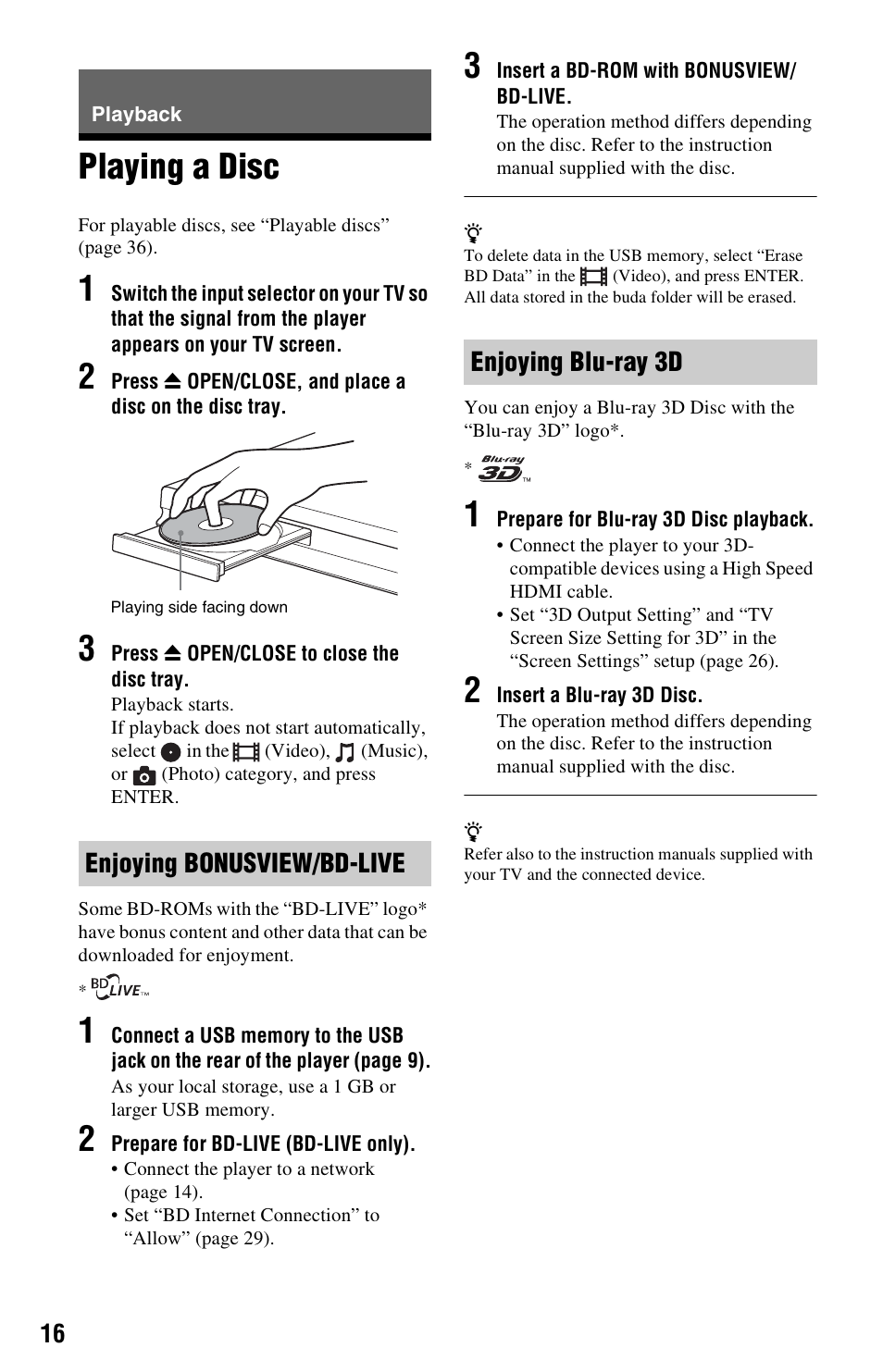 Playback, Playing a disc, Enjoying bonusview/bd-live | Enjoying blu-ray 3d | Sony BDP-S780 User Manual | Page 16 / 44