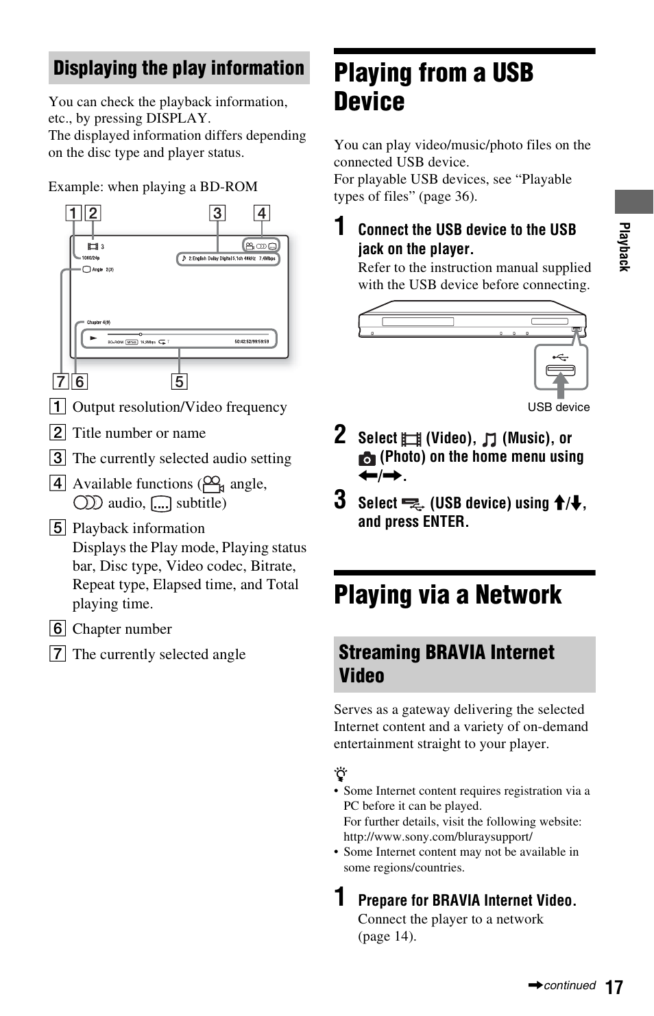 Playing from a usb device, Playing via a network, Playing from a usb device playing via a network | Sony BDP-S780 User Manual | Page 17 / 44