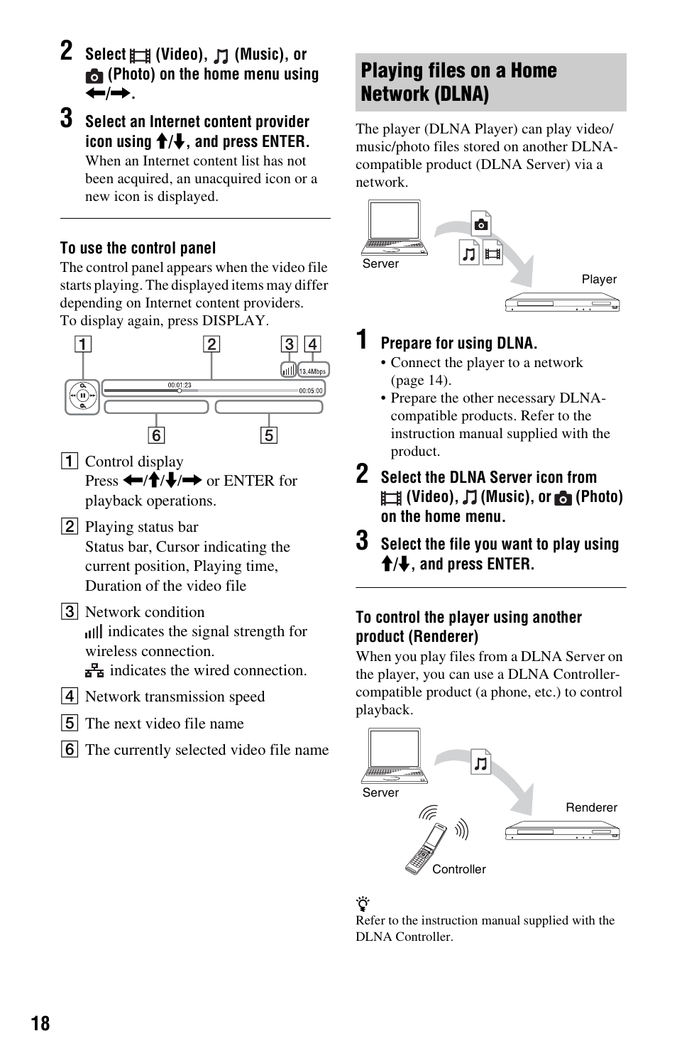 Playing files on a home network (dlna) | Sony BDP-S780 User Manual | Page 18 / 44