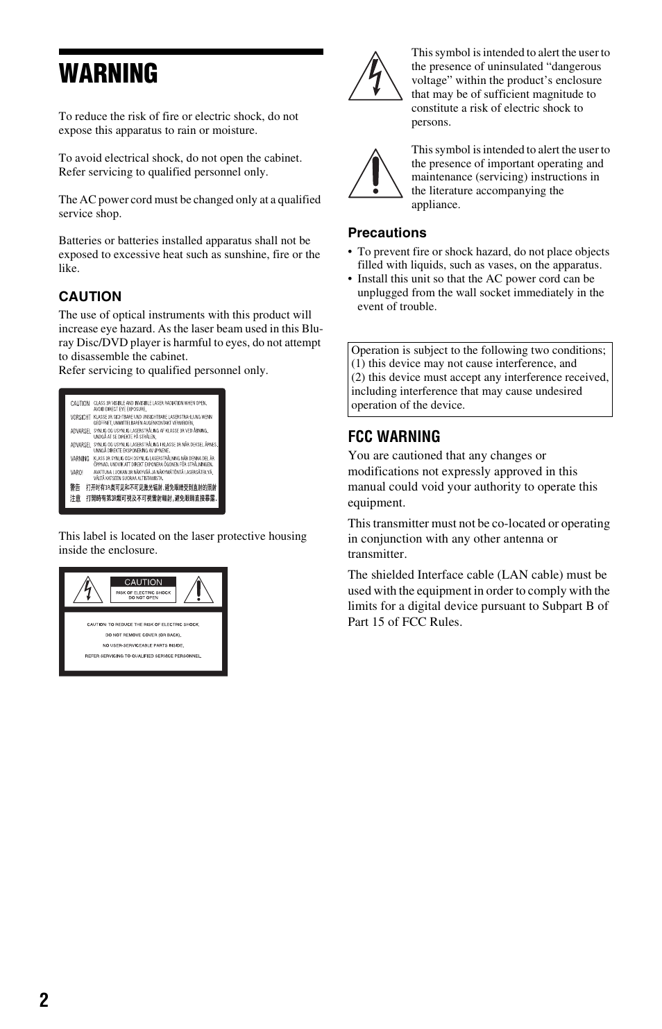 Warning | Sony BDP-S780 User Manual | Page 2 / 44