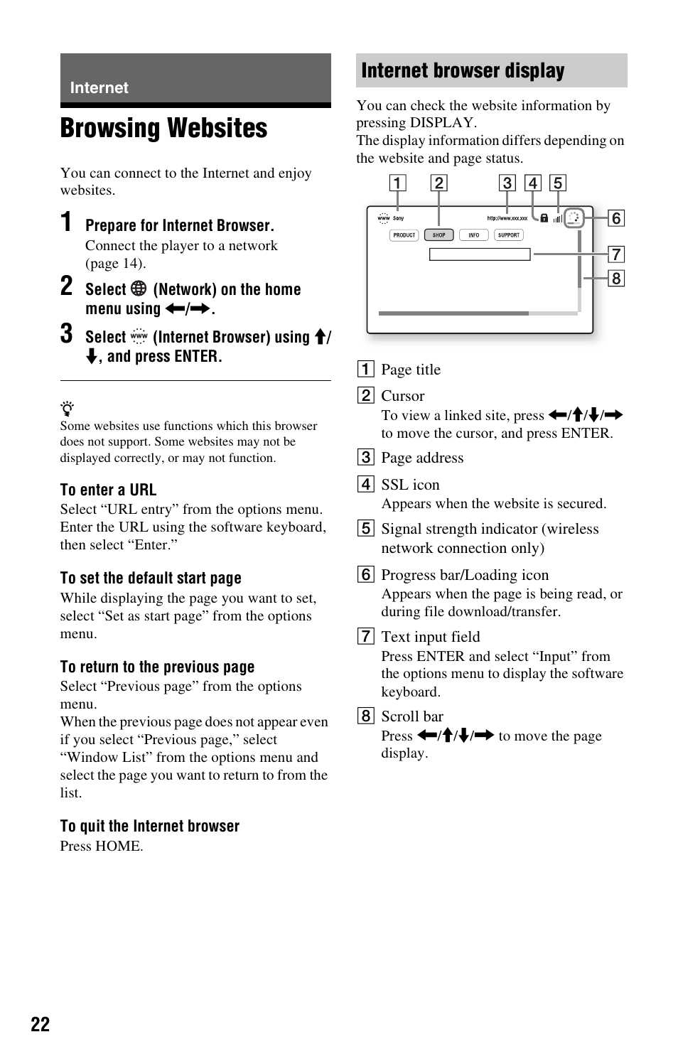 Internet, Browsing websites, Internet browser display | Sony BDP-S780 User Manual | Page 22 / 44