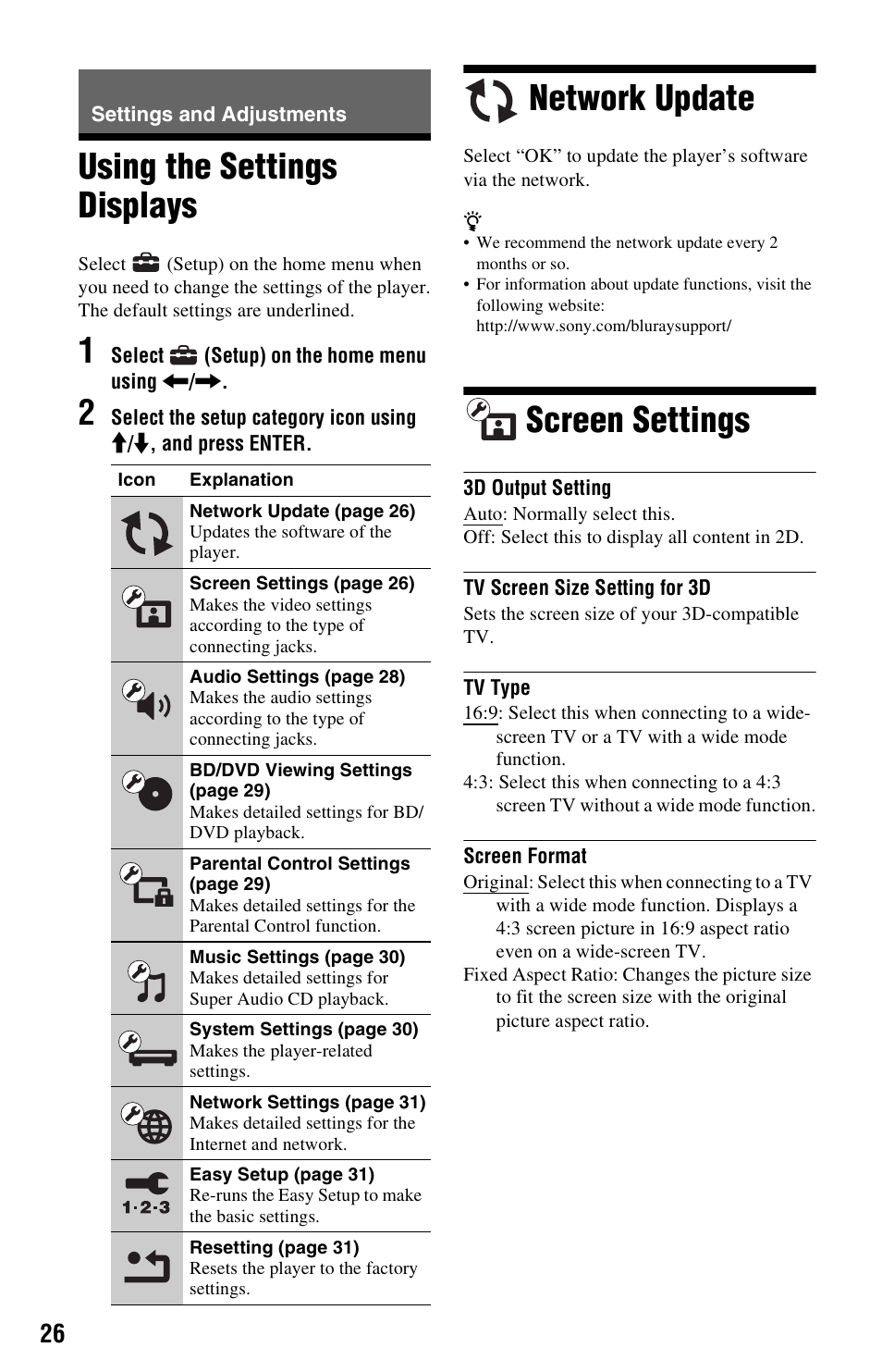 Settings and adjustments, Using the settings displays, Network update | Screen settings | Sony BDP-S780 User Manual | Page 26 / 44
