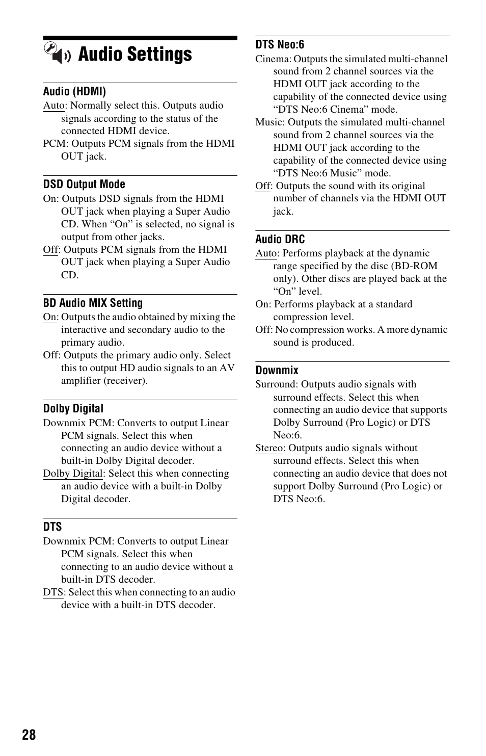 Audio settings | Sony BDP-S780 User Manual | Page 28 / 44