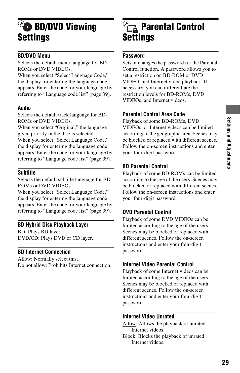 Bd/dvd viewing settings, Parental control settings, Bd/dvd viewing settings parental control settings | Sony BDP-S780 User Manual | Page 29 / 44