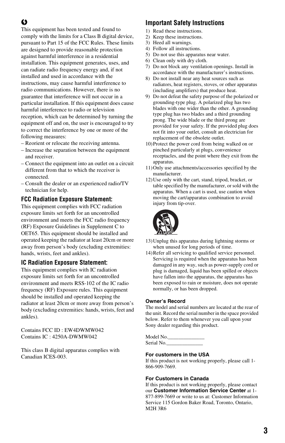 Important safety instructions | Sony BDP-S780 User Manual | Page 3 / 44