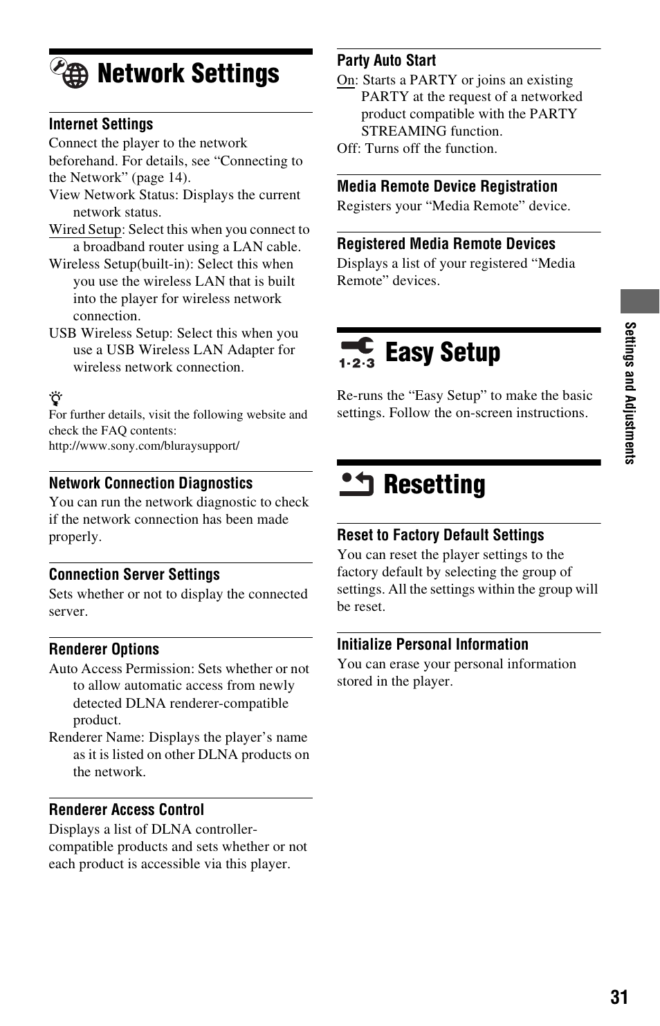 Network settings, Easy setup, Resetting | Network settings easy setup resetting | Sony BDP-S780 User Manual | Page 31 / 44