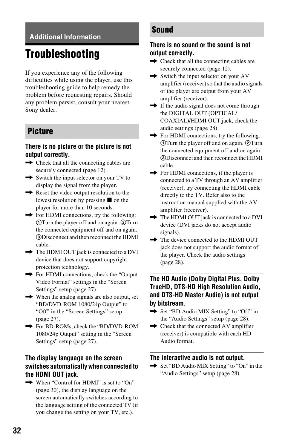 Additional information, Troubleshooting, Picture sound | Sony BDP-S780 User Manual | Page 32 / 44