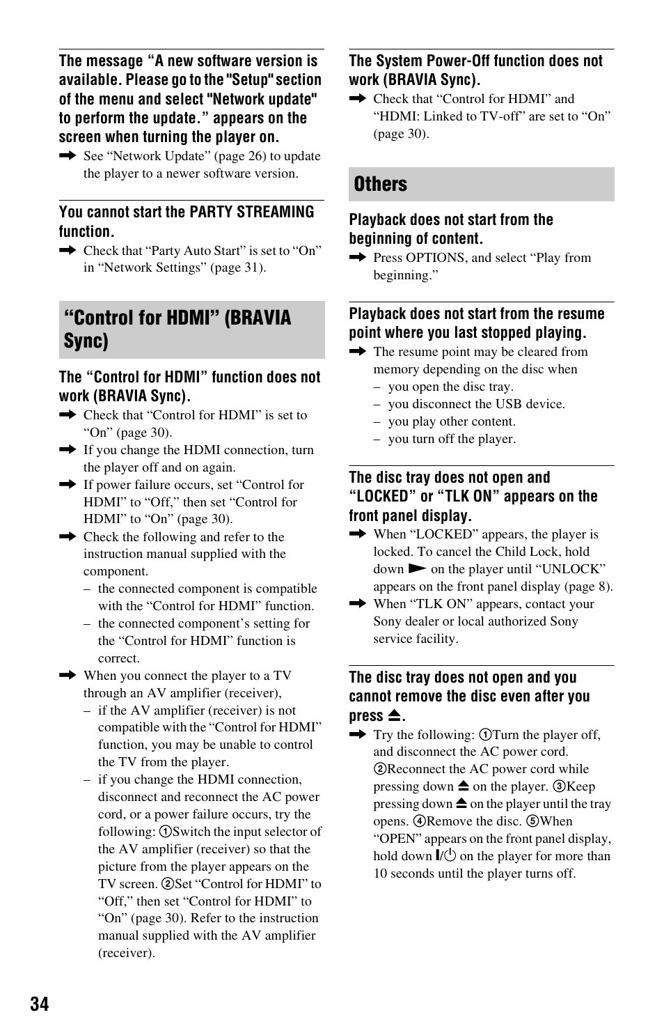 Control for hdmi” (bravia sync) others | Sony BDP-S780 User Manual | Page 34 / 44