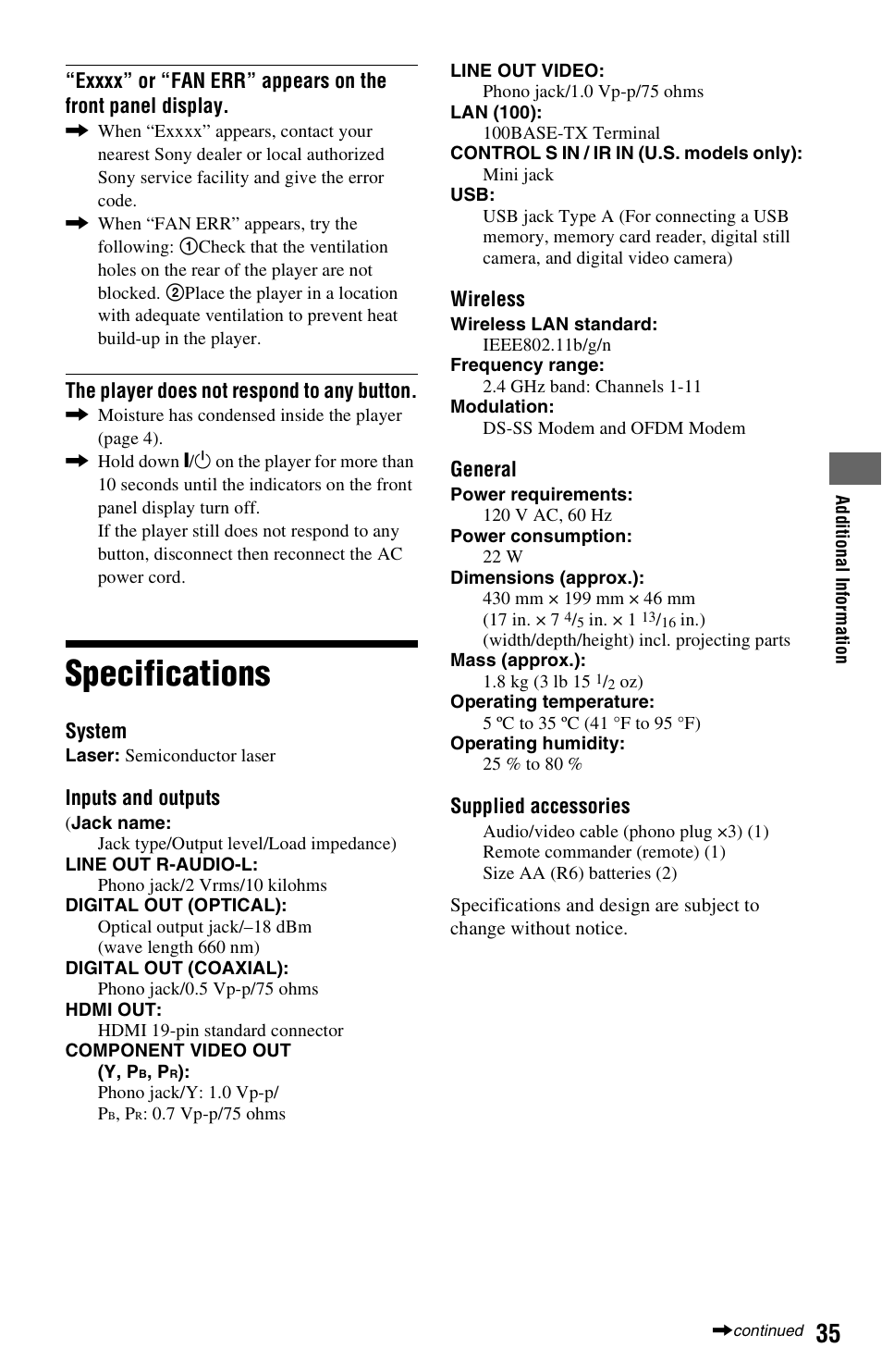 Specifications | Sony BDP-S780 User Manual | Page 35 / 44