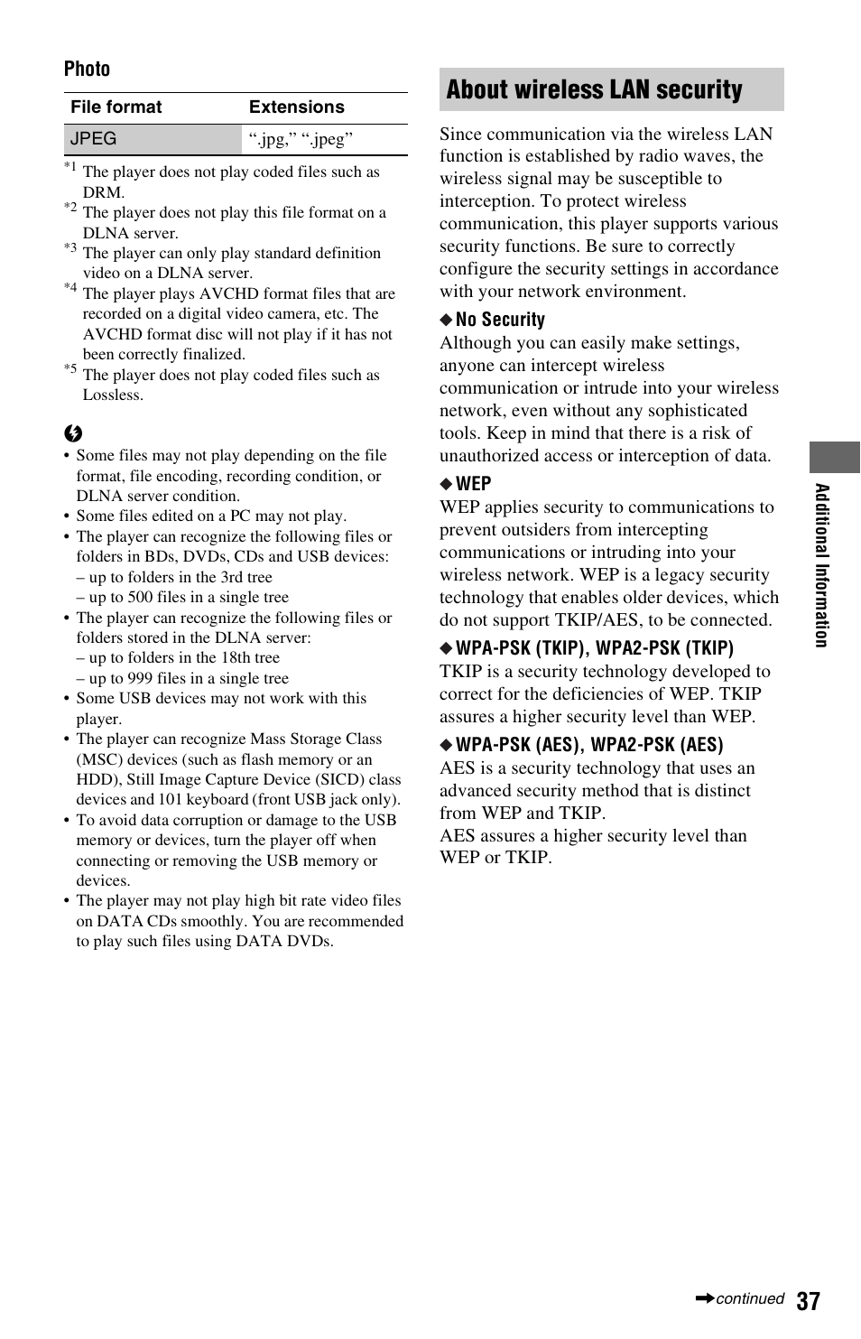 About wireless lan security | Sony BDP-S780 User Manual | Page 37 / 44