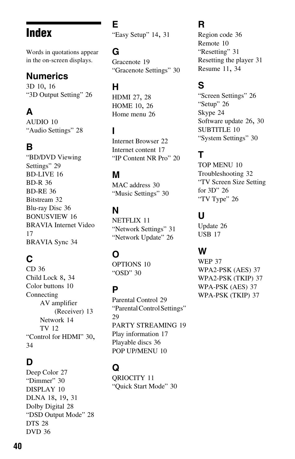 Index, Numerics | Sony BDP-S780 User Manual | Page 40 / 44