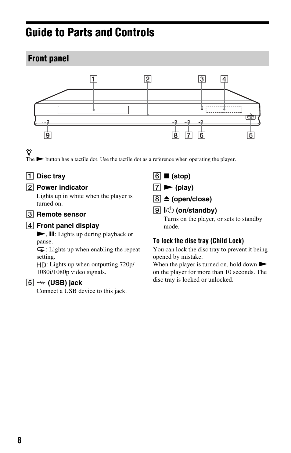 Guide to parts and controls, Front panel | Sony BDP-S780 User Manual | Page 8 / 44