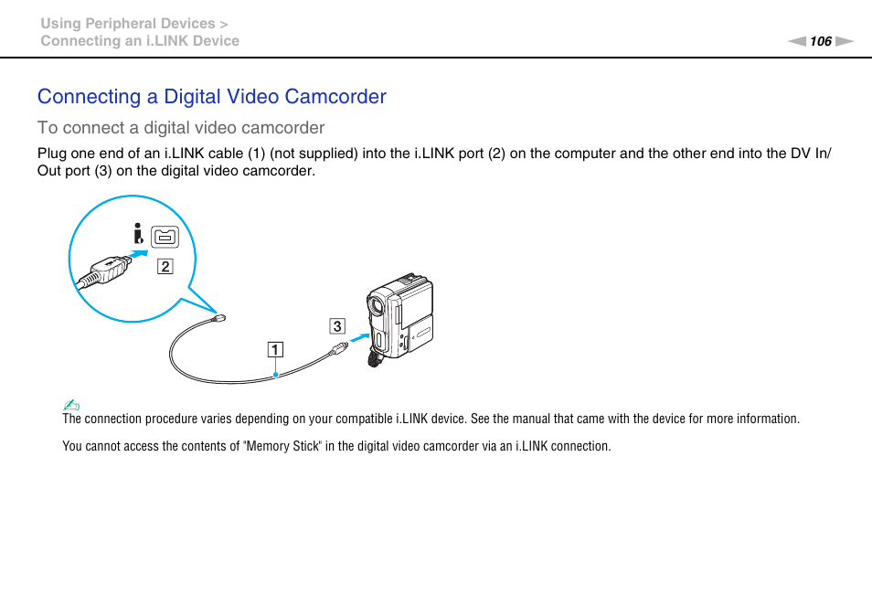Connecting a digital video camcorder | Sony VAIO VPCS13 User Manual | Page 106 / 192