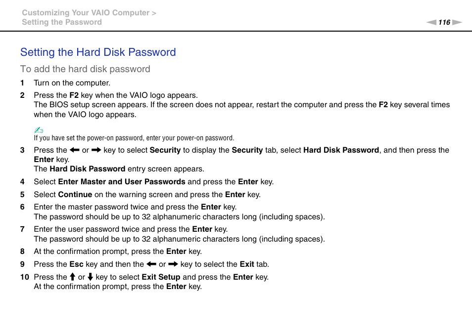 Setting the hard disk password | Sony VAIO VPCS13 User Manual | Page 116 / 192