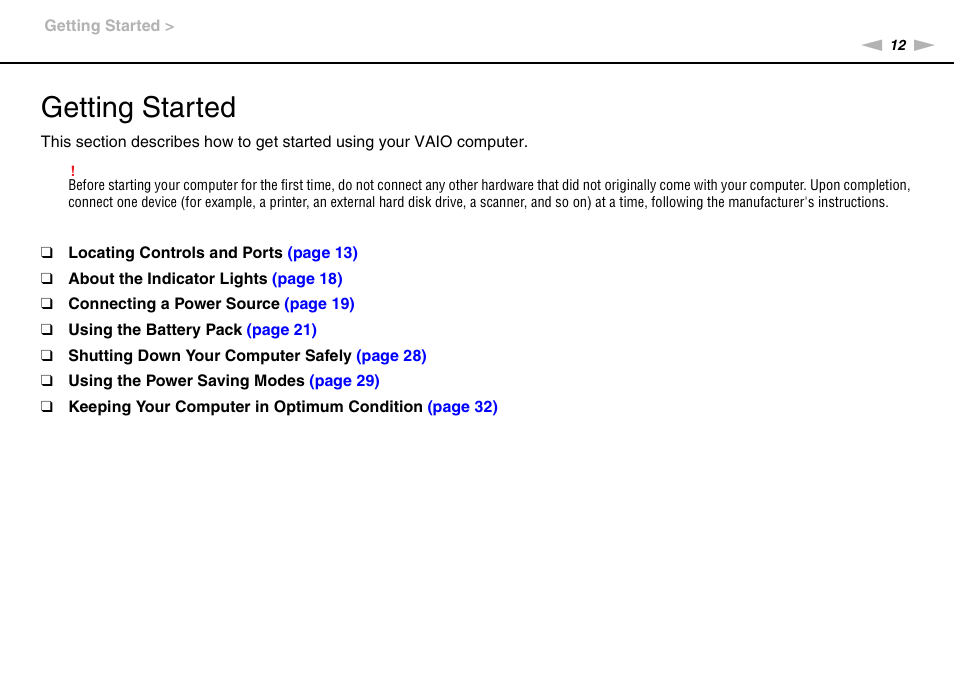 Getting started | Sony VAIO VPCS13 User Manual | Page 12 / 192