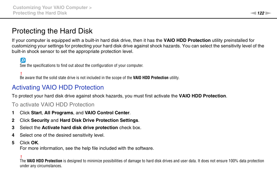 Protecting the hard disk, Activating vaio hdd protection | Sony VAIO VPCS13 User Manual | Page 122 / 192