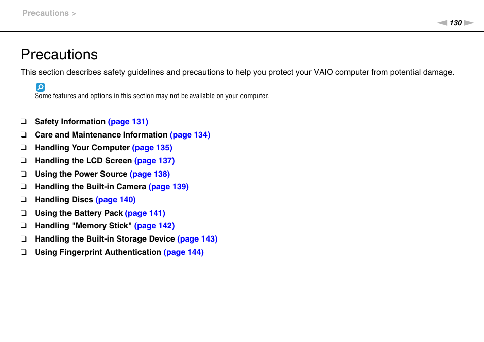 Precautions | Sony VAIO VPCS13 User Manual | Page 130 / 192