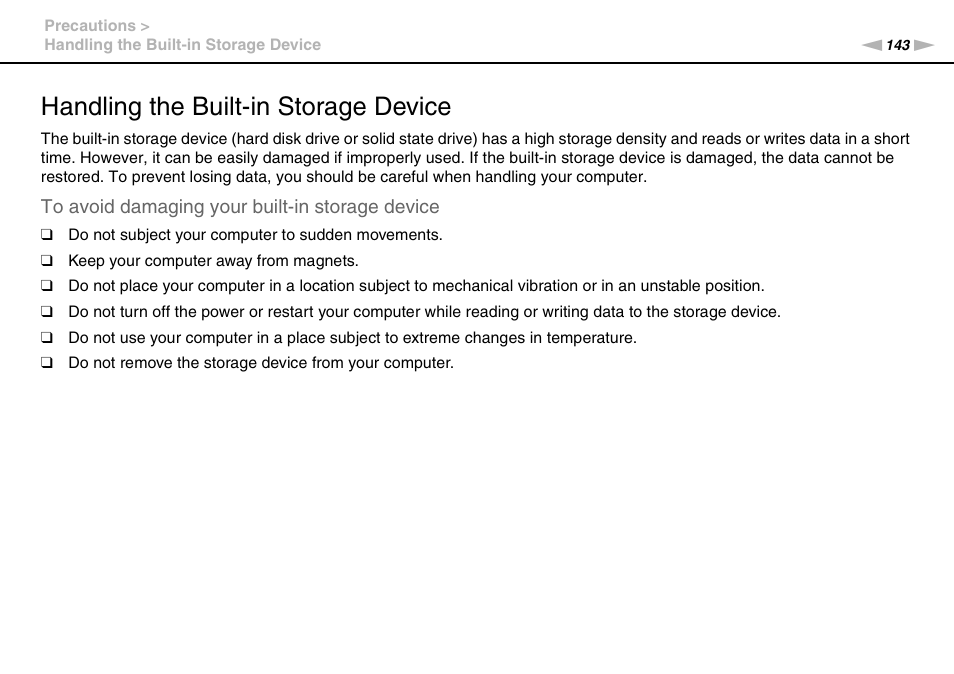 Handling the built-in storage device | Sony VAIO VPCS13 User Manual | Page 143 / 192