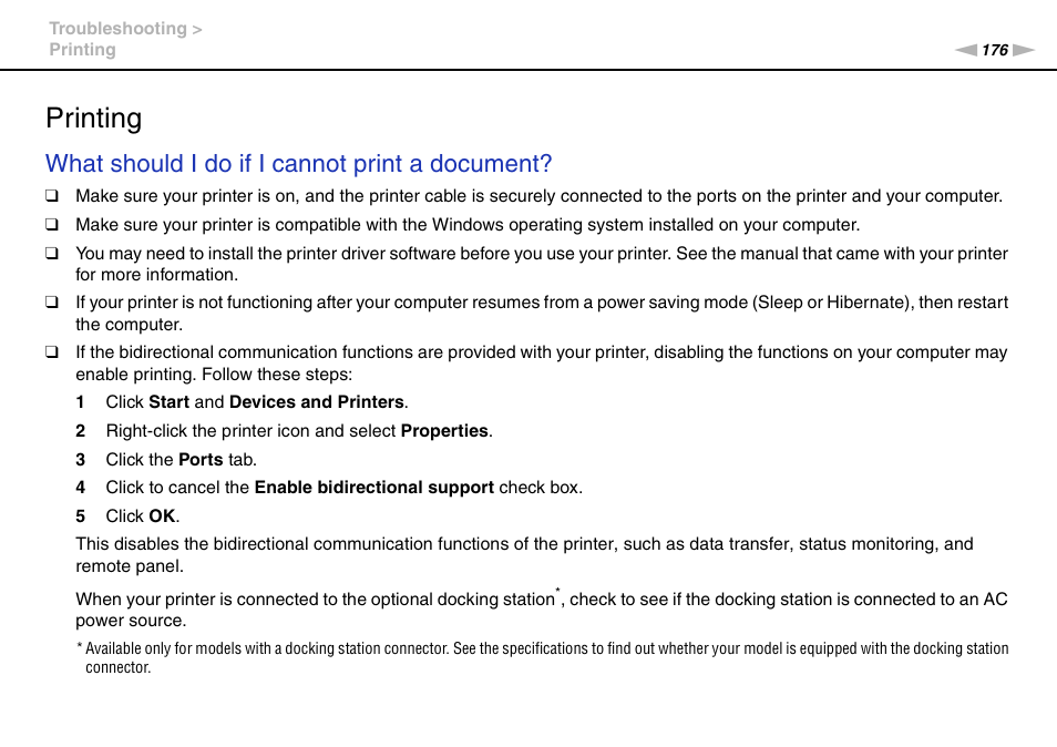 Printing, Inting, What should i do if i cannot print a document | Sony VAIO VPCS13 User Manual | Page 176 / 192