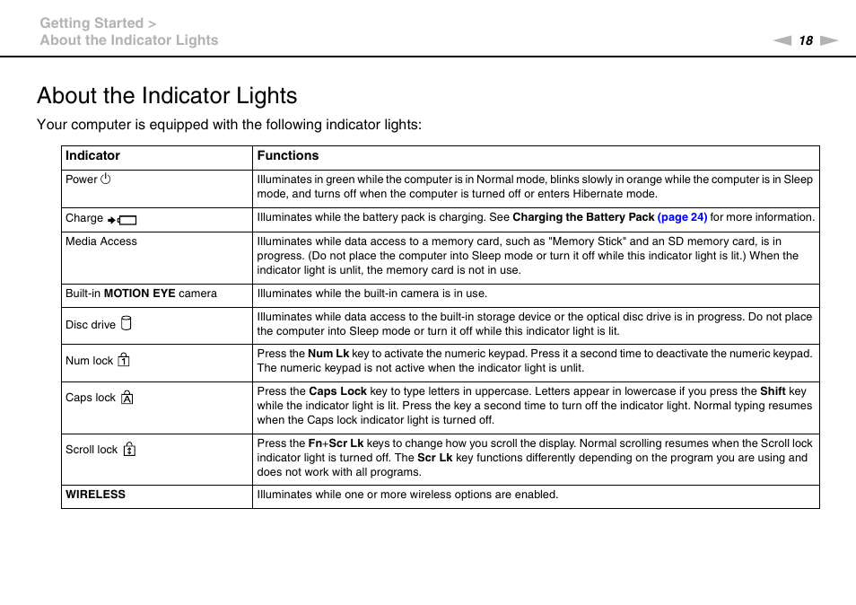 About the indicator lights | Sony VAIO VPCS13 User Manual | Page 18 / 192