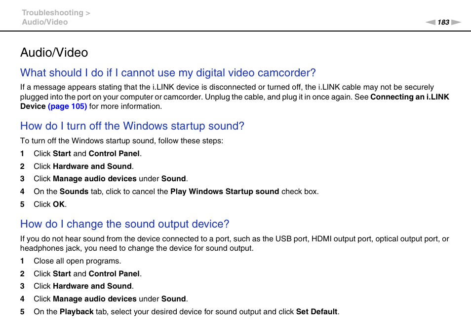 Audio/video, How do i turn off the windows startup sound, How do i change the sound output device | Sony VAIO VPCS13 User Manual | Page 183 / 192
