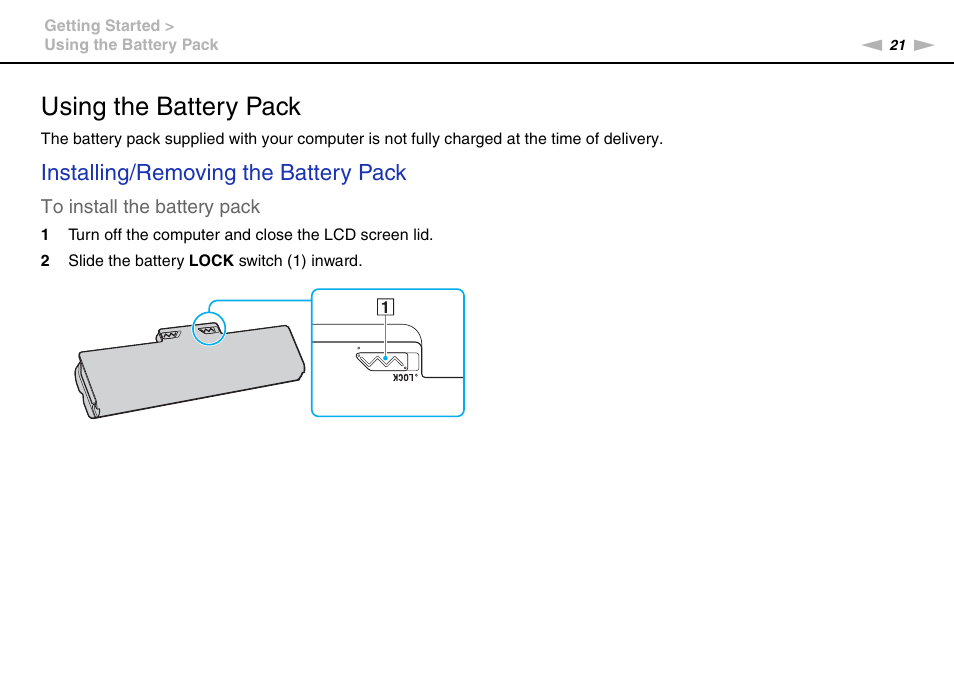 Using the battery pack, Installing/removing the battery pack | Sony VAIO VPCS13 User Manual | Page 21 / 192