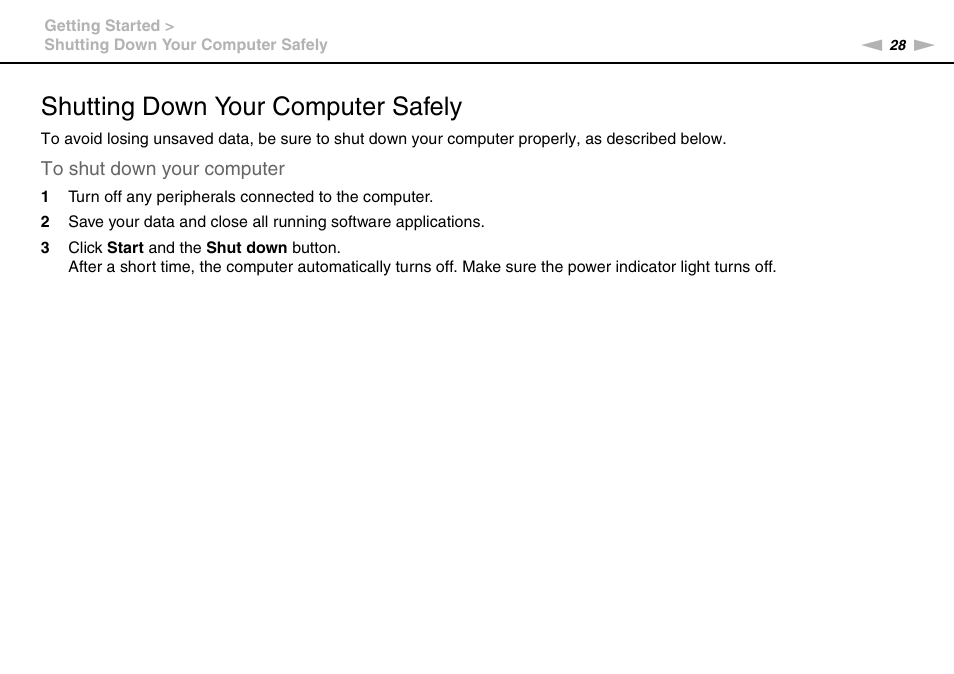 Shutting down your computer safely | Sony VAIO VPCS13 User Manual | Page 28 / 192