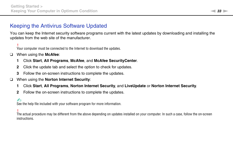 Keeping the antivirus software updated | Sony VAIO VPCS13 User Manual | Page 33 / 192
