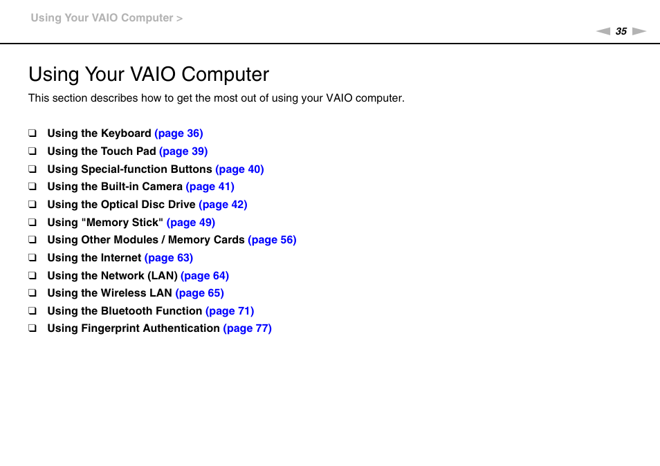 Using your vaio computer | Sony VAIO VPCS13 User Manual | Page 35 / 192