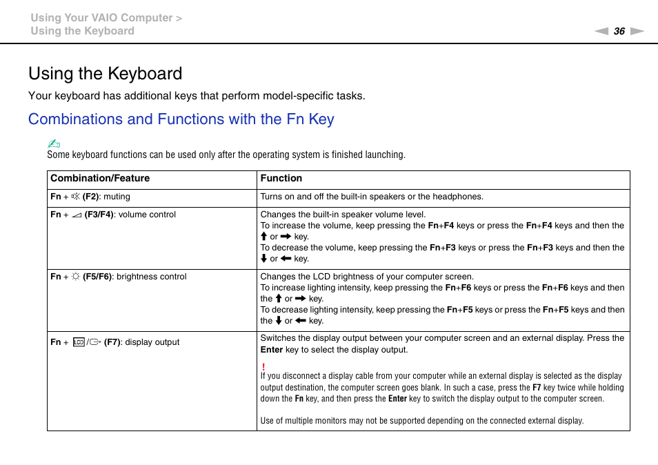 Using the keyboard, Combinations and functions with the fn key | Sony VAIO VPCS13 User Manual | Page 36 / 192