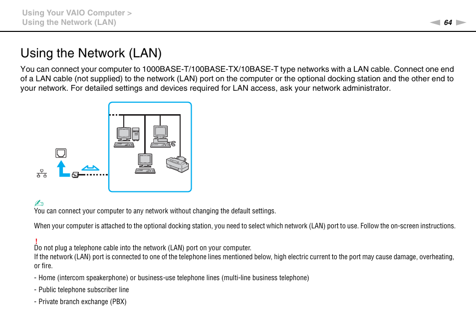 Using the network (lan) | Sony VAIO VPCS13 User Manual | Page 64 / 192