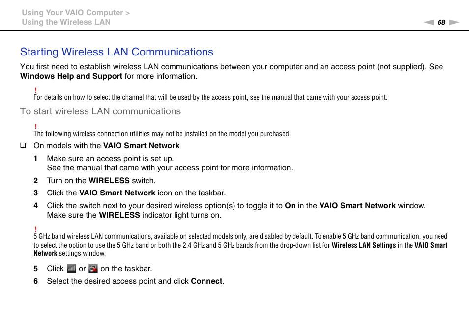 Starting wireless lan communications | Sony VAIO VPCS13 User Manual | Page 68 / 192