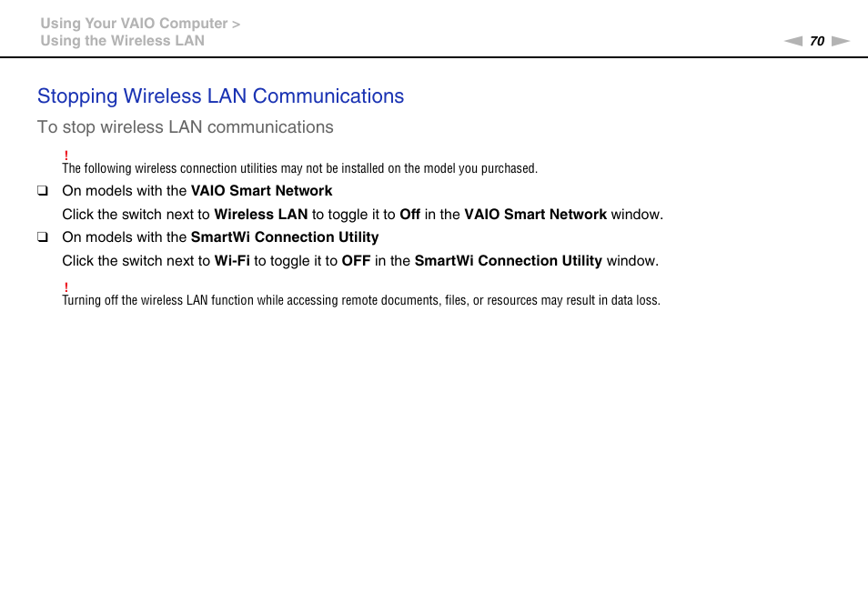 Stopping wireless lan communications | Sony VAIO VPCS13 User Manual | Page 70 / 192