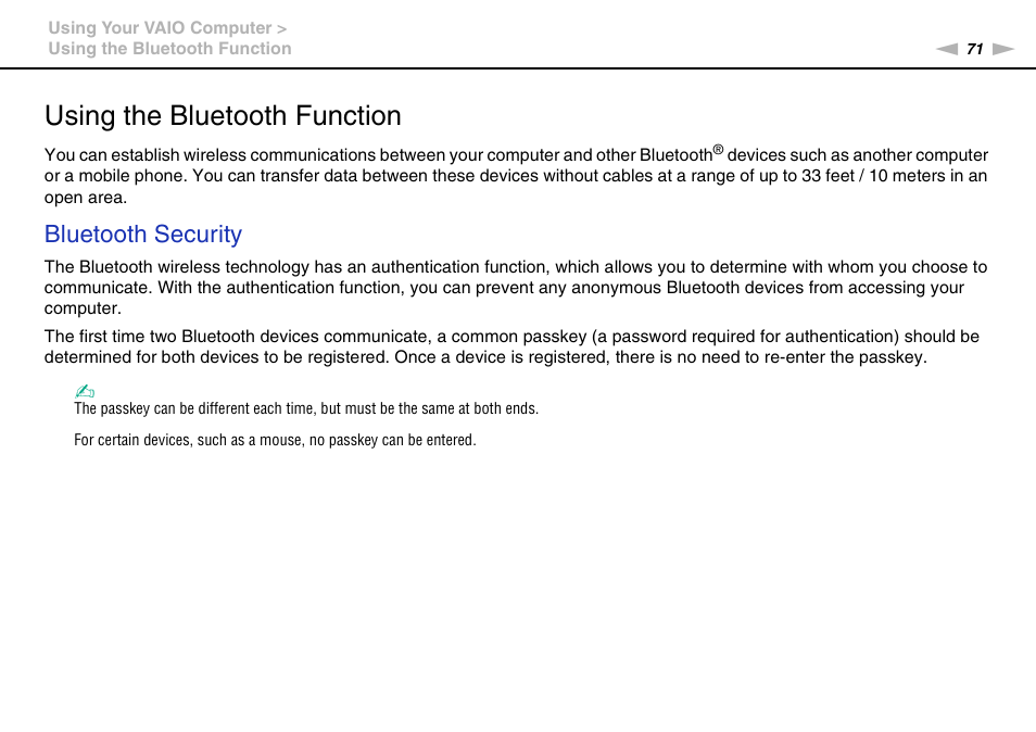 Using the bluetooth function, Tion, Bluetooth security | Sony VAIO VPCS13 User Manual | Page 71 / 192