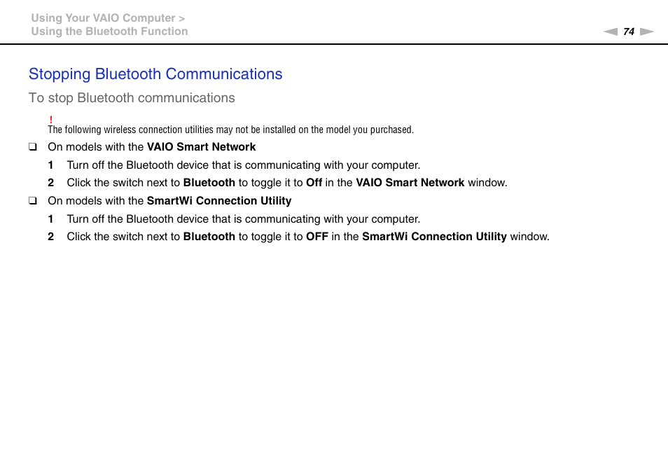 Stopping bluetooth communications | Sony VAIO VPCS13 User Manual | Page 74 / 192