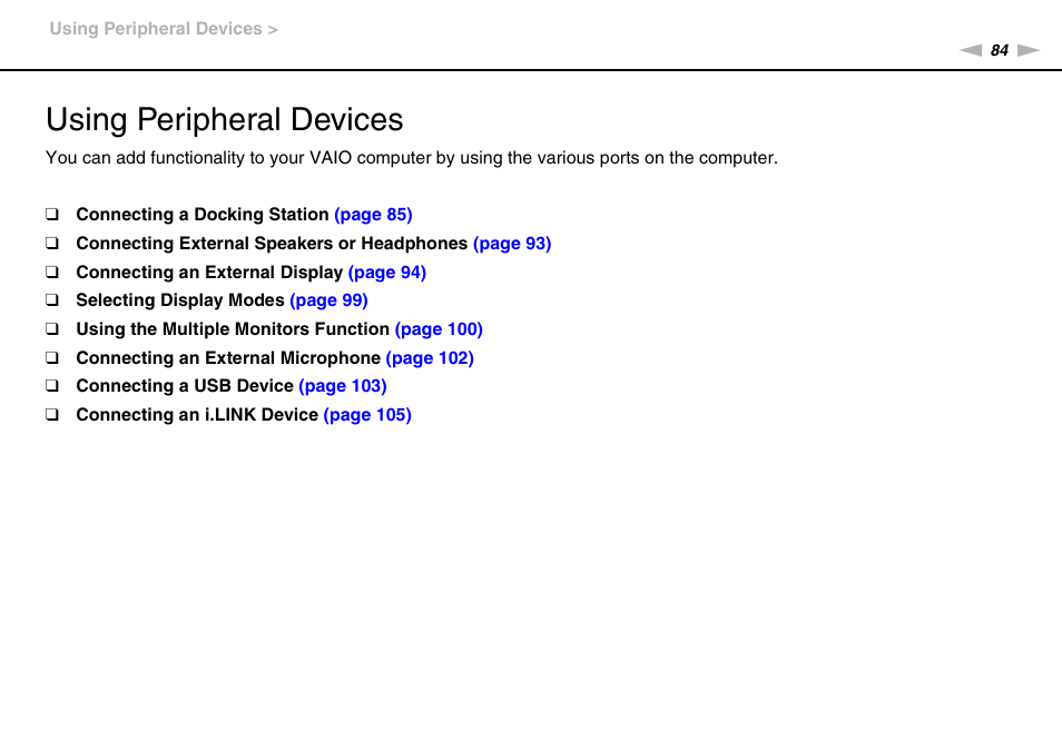 Using peripheral devices | Sony VAIO VPCS13 User Manual | Page 84 / 192
