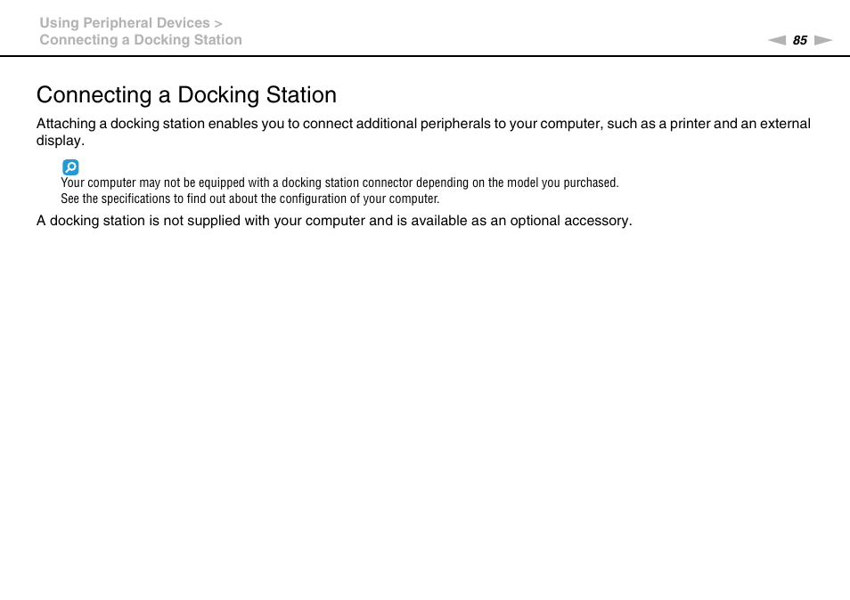 Connecting a docking station | Sony VAIO VPCS13 User Manual | Page 85 / 192