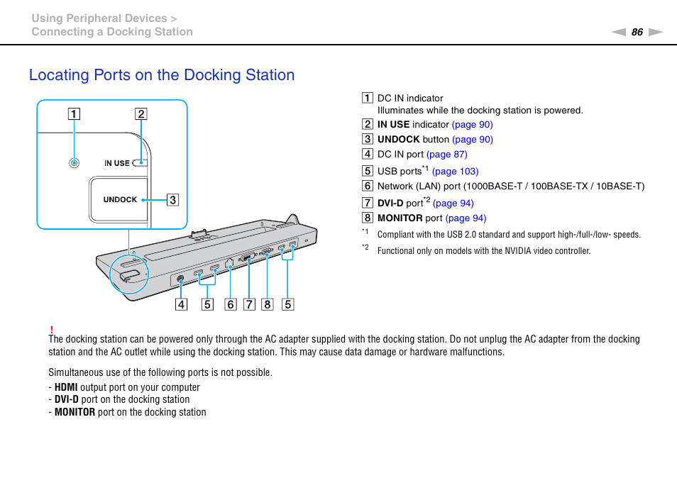 Locating ports on the docking station | Sony VAIO VPCS13 User Manual | Page 86 / 192