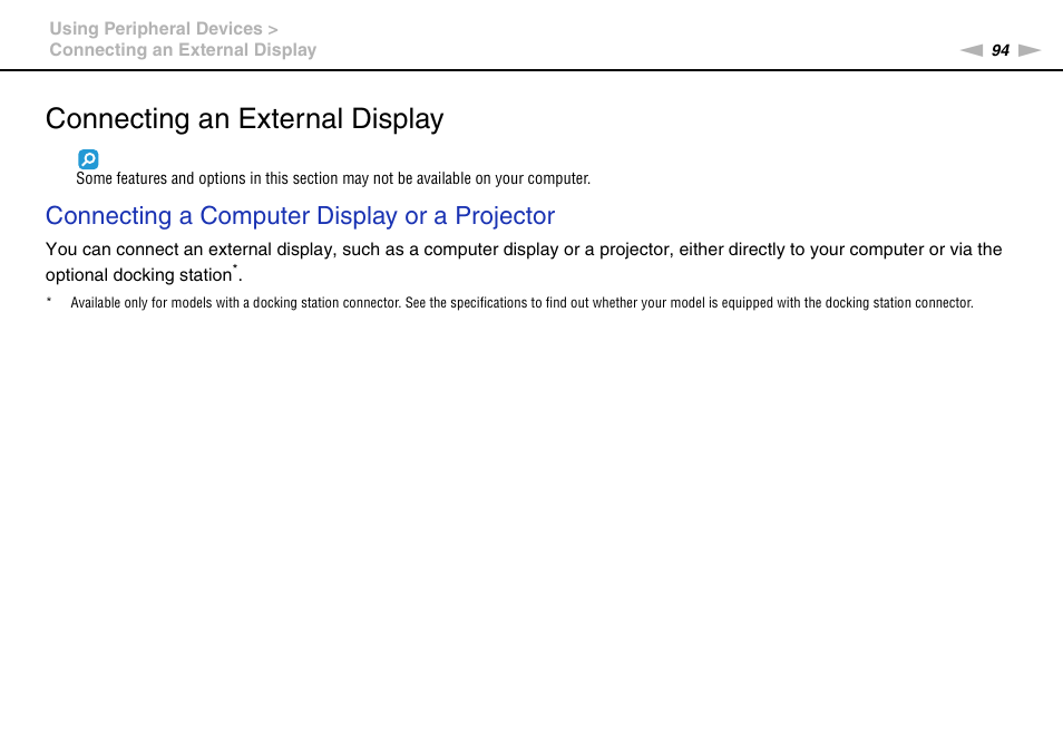 Connecting an external display, Connecting a computer display or a projector | Sony VAIO VPCS13 User Manual | Page 94 / 192