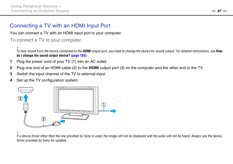 Connecting a tv with an hdmi input port | Sony VAIO VPCS13 User Manual | Page 97 / 192
